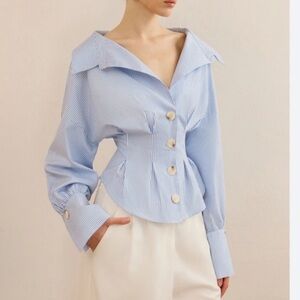 Commense Light Blue Striped Blouse with Button Accents